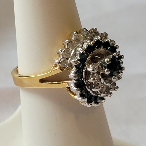 Faux Sapphire & Diamond Swirled Gold Tone Cocktail Ring Size 8 - Picture 8 of 8